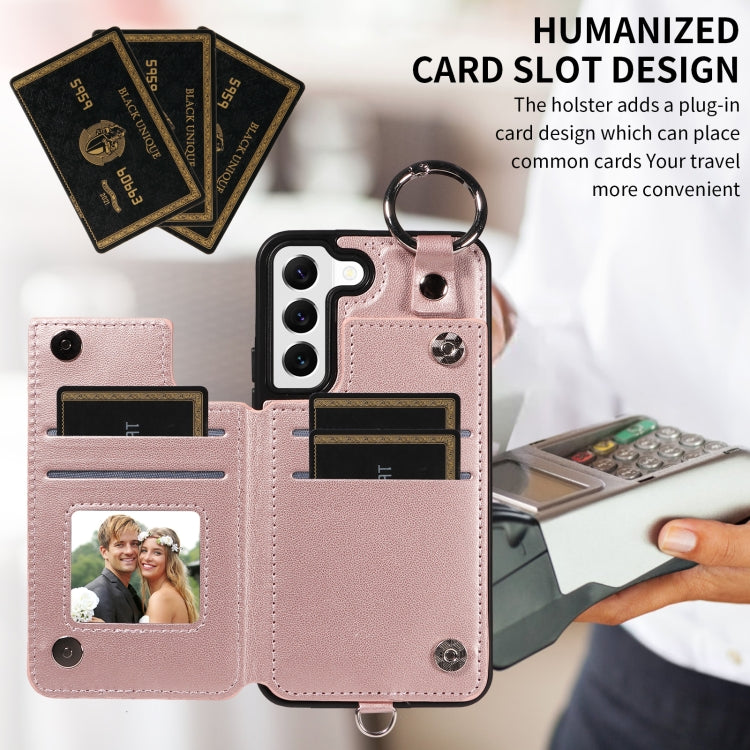 For Samsung Galaxy S22 5G Rhombic Texture Card Bag Phone Case with Short Lanyard