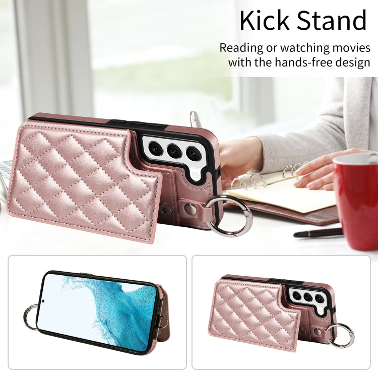 For Samsung Galaxy S22 5G Rhombic Texture Card Bag Phone Case with Short Lanyard