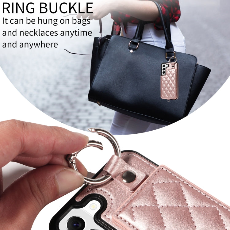 For Samsung Galaxy S22 5G Rhombic Texture Card Bag Phone Case with Short Lanyard