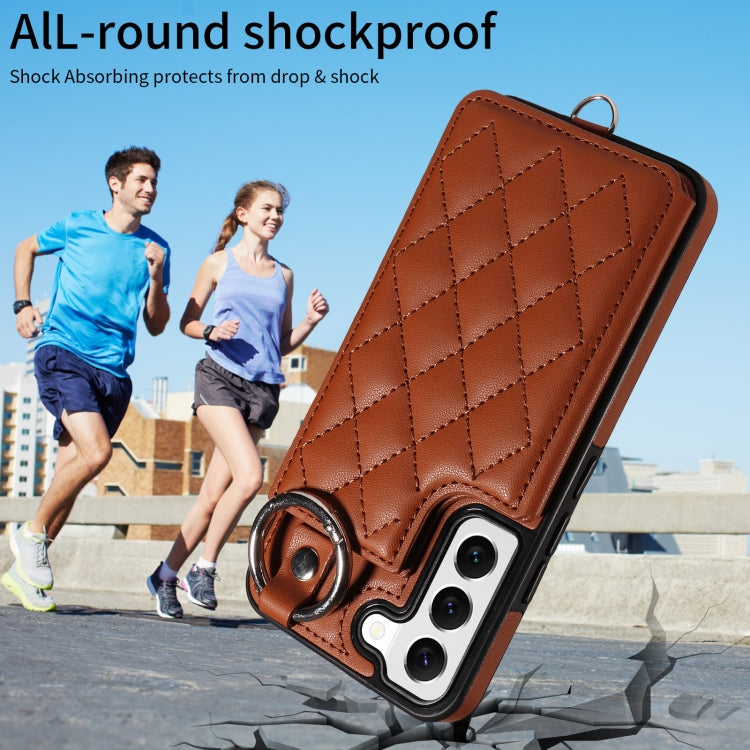 For Samsung Galaxy S22 5G Rhombic Texture Card Bag Phone Case with Short Lanyard