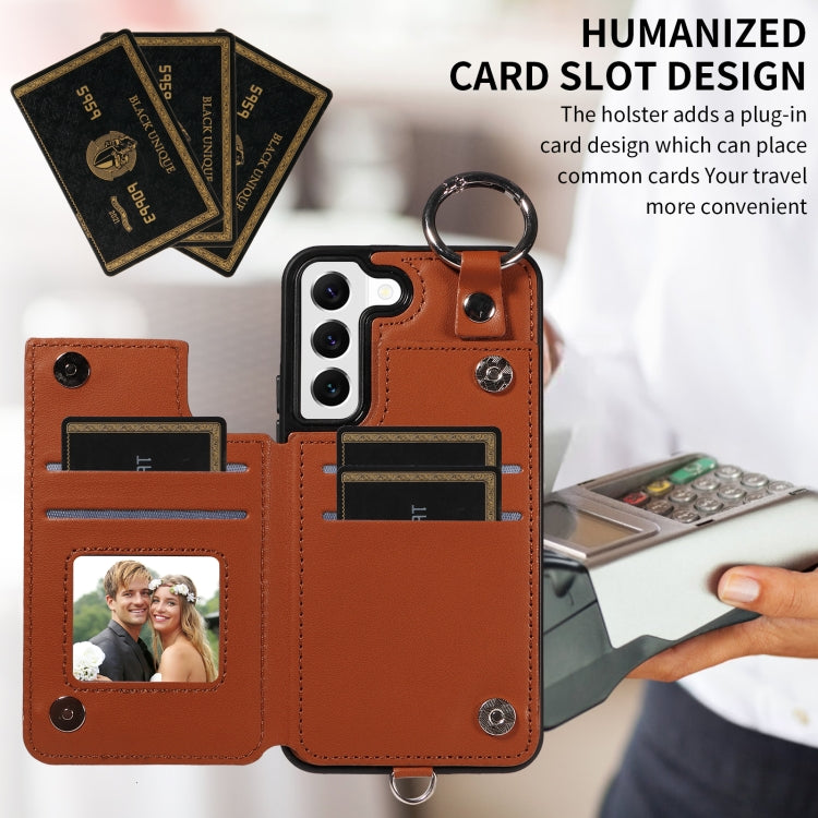 For Samsung Galaxy S22 5G Rhombic Texture Card Bag Phone Case with Short Lanyard