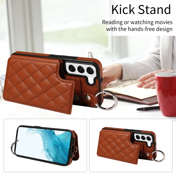 For Samsung Galaxy S22 5G Rhombic Texture Card Bag Phone Case with Short Lanyard
