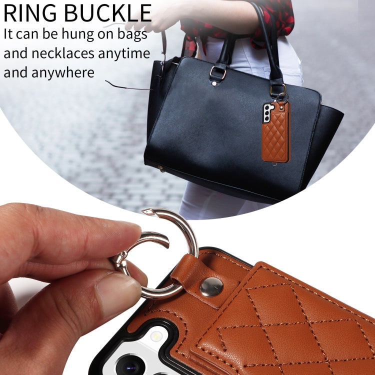 For Samsung Galaxy S22 5G Rhombic Texture Card Bag Phone Case with Short Lanyard