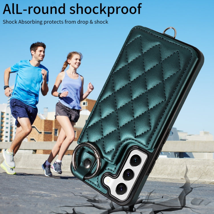 For Samsung Galaxy S22 5G Rhombic Texture Card Bag Phone Case with Short Lanyard