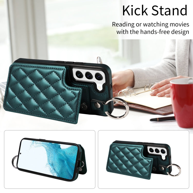 For Samsung Galaxy S22 5G Rhombic Texture Card Bag Phone Case with Short Lanyard