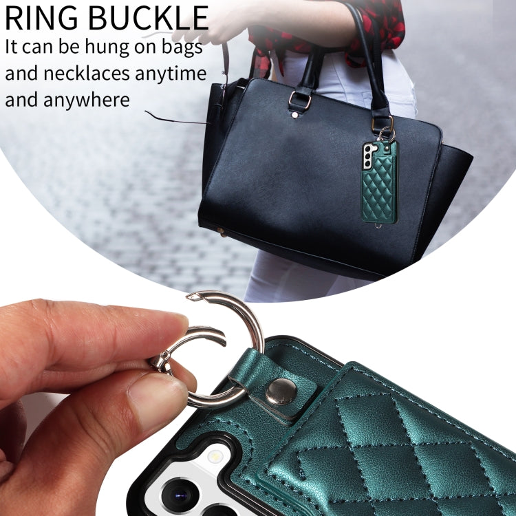 For Samsung Galaxy S22 5G Rhombic Texture Card Bag Phone Case with Short Lanyard