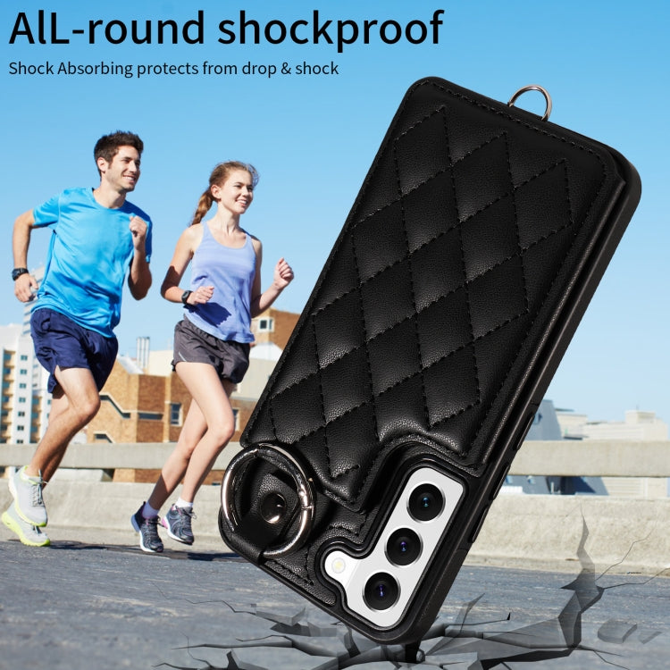 For Samsung Galaxy S22 5G Rhombic Texture Card Bag Phone Case with Short Lanyard