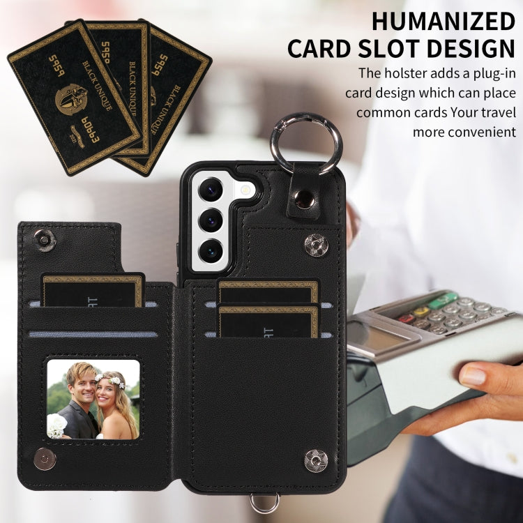 For Samsung Galaxy S22 5G Rhombic Texture Card Bag Phone Case with Short Lanyard