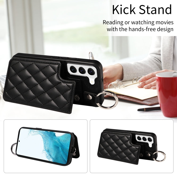 For Samsung Galaxy S22 5G Rhombic Texture Card Bag Phone Case with Short Lanyard