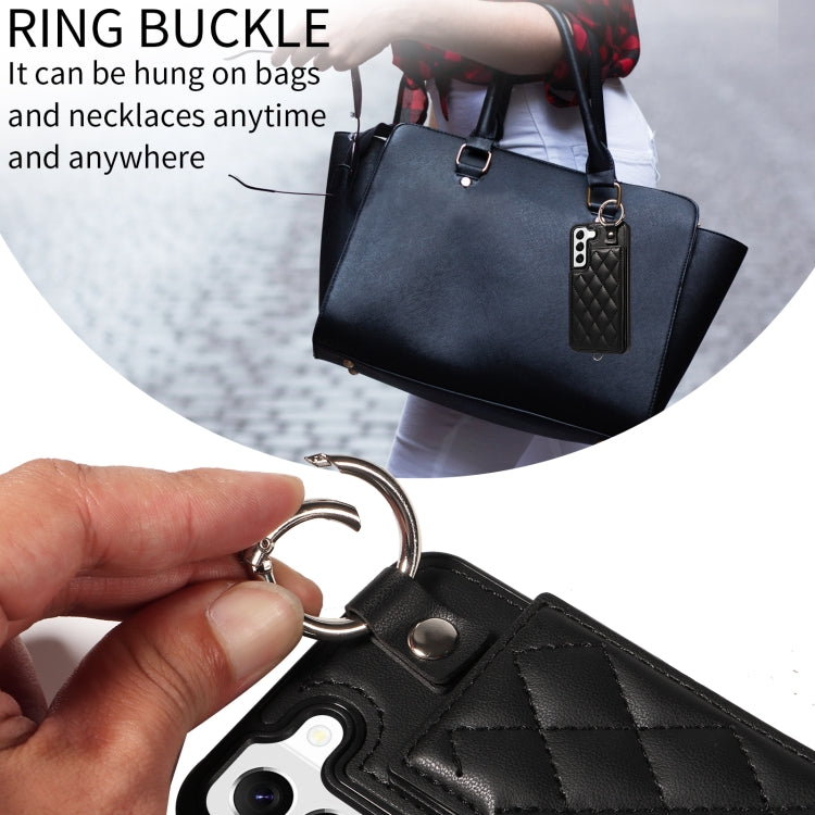 For Samsung Galaxy S22 5G Rhombic Texture Card Bag Phone Case with Short Lanyard