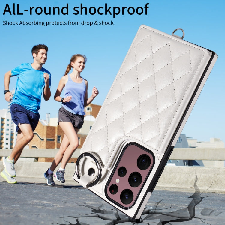 For Samsung Galaxy S22 Ultra 5G Rhombic Texture Card Bag Phone Case with Short Lanyard