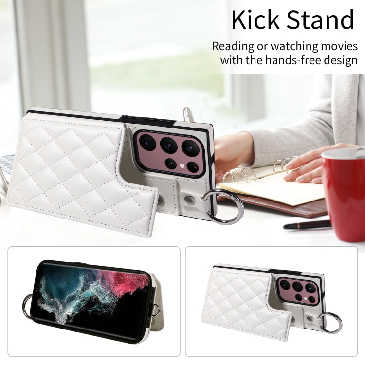 For Samsung Galaxy S22 Ultra 5G Rhombic Texture Card Bag Phone Case with Short Lanyard