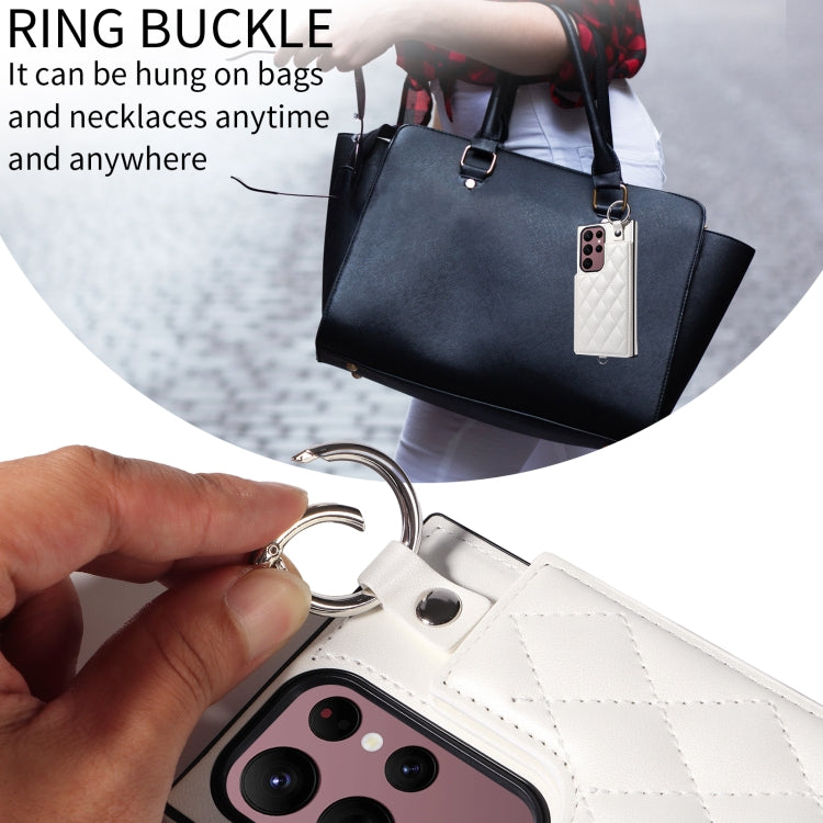 For Samsung Galaxy S22 Ultra 5G Rhombic Texture Card Bag Phone Case with Short Lanyard