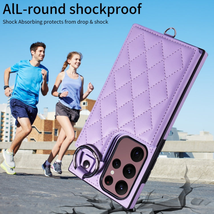 For Samsung Galaxy S22 Ultra 5G Rhombic Texture Card Bag Phone Case with Short Lanyard