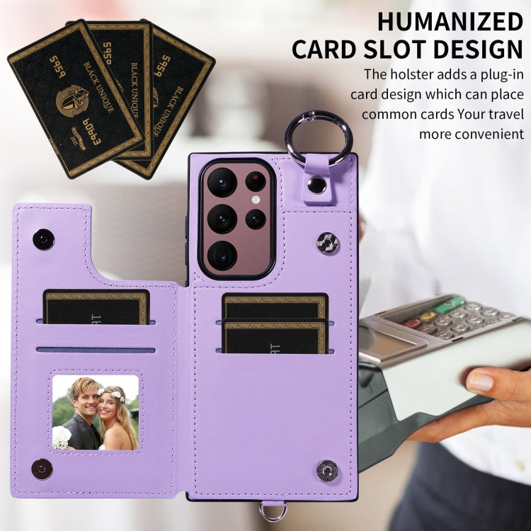 For Samsung Galaxy S22 Ultra 5G Rhombic Texture Card Bag Phone Case with Short Lanyard