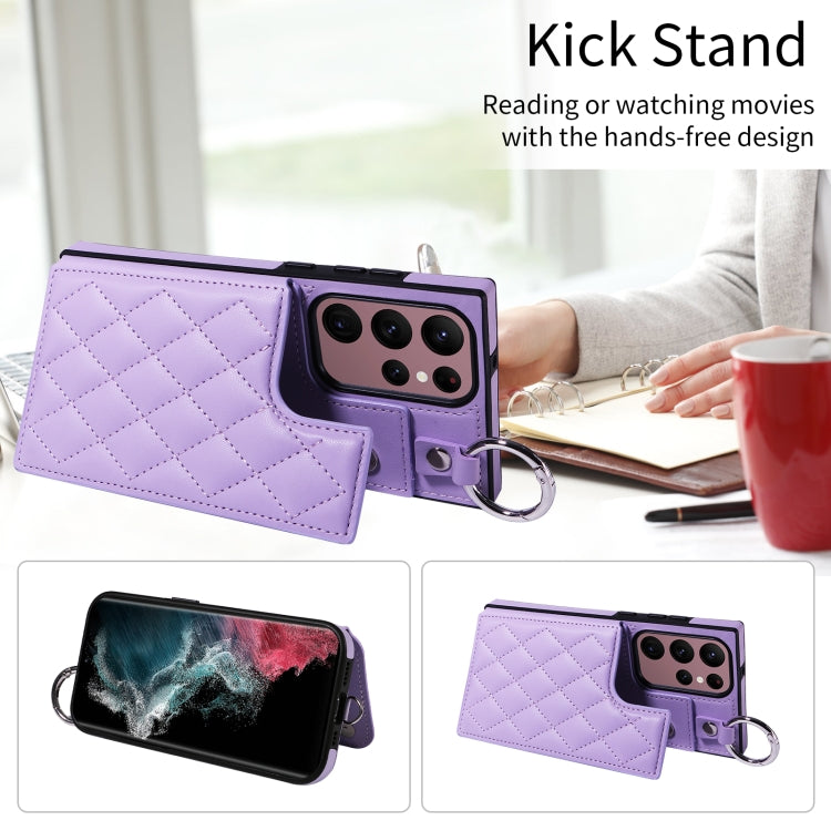 For Samsung Galaxy S22 Ultra 5G Rhombic Texture Card Bag Phone Case with Short Lanyard