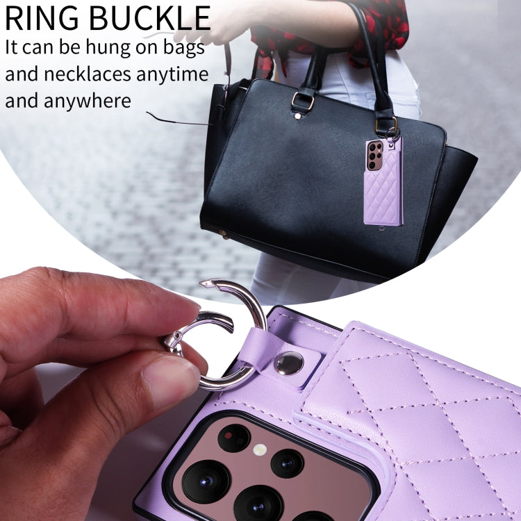 For Samsung Galaxy S22 Ultra 5G Rhombic Texture Card Bag Phone Case with Short Lanyard