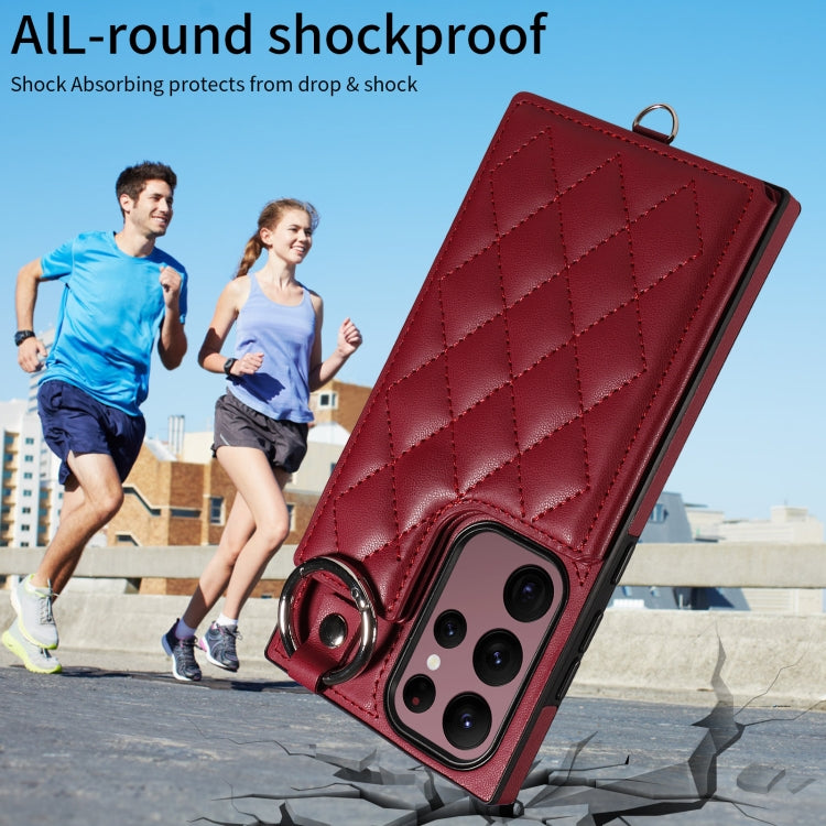 For Samsung Galaxy S22 Ultra 5G Rhombic Texture Card Bag Phone Case with Short Lanyard