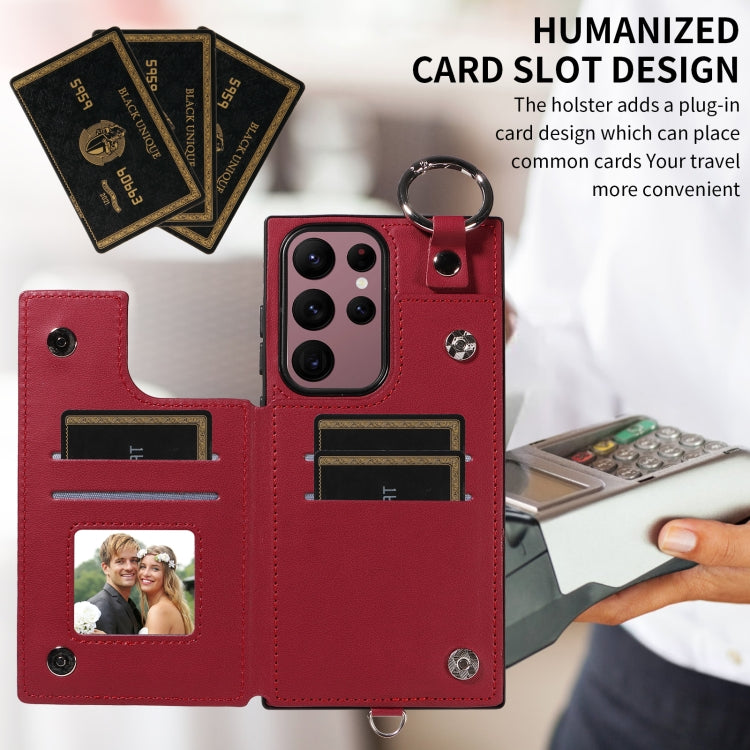 For Samsung Galaxy S22 Ultra 5G Rhombic Texture Card Bag Phone Case with Short Lanyard