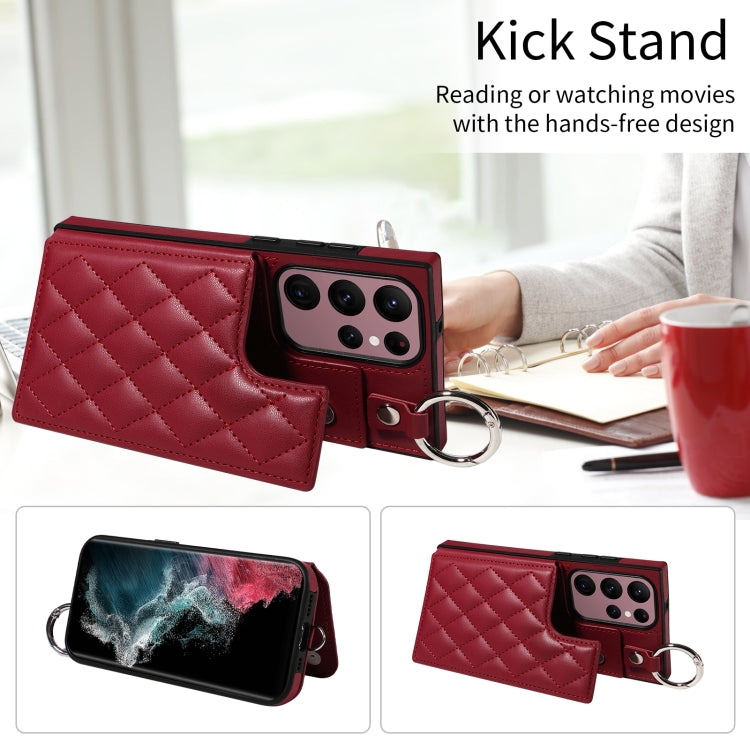 For Samsung Galaxy S22 Ultra 5G Rhombic Texture Card Bag Phone Case with Short Lanyard