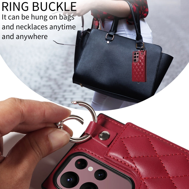 For Samsung Galaxy S22 Ultra 5G Rhombic Texture Card Bag Phone Case with Short Lanyard