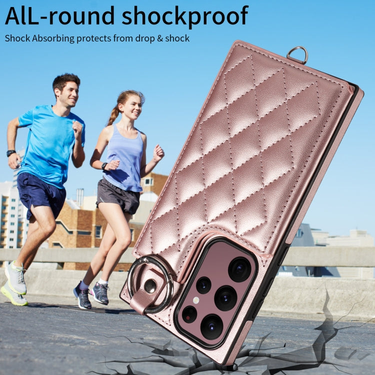 For Samsung Galaxy S22 Ultra 5G Rhombic Texture Card Bag Phone Case with Short Lanyard