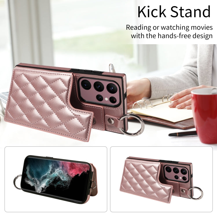 For Samsung Galaxy S22 Ultra 5G Rhombic Texture Card Bag Phone Case with Short Lanyard