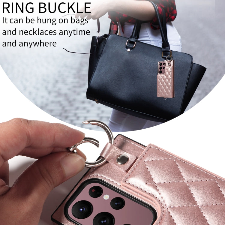 For Samsung Galaxy S22 Ultra 5G Rhombic Texture Card Bag Phone Case with Short Lanyard