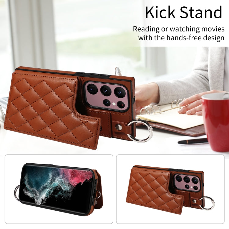 For Samsung Galaxy S22 Ultra 5G Rhombic Texture Card Bag Phone Case with Short Lanyard