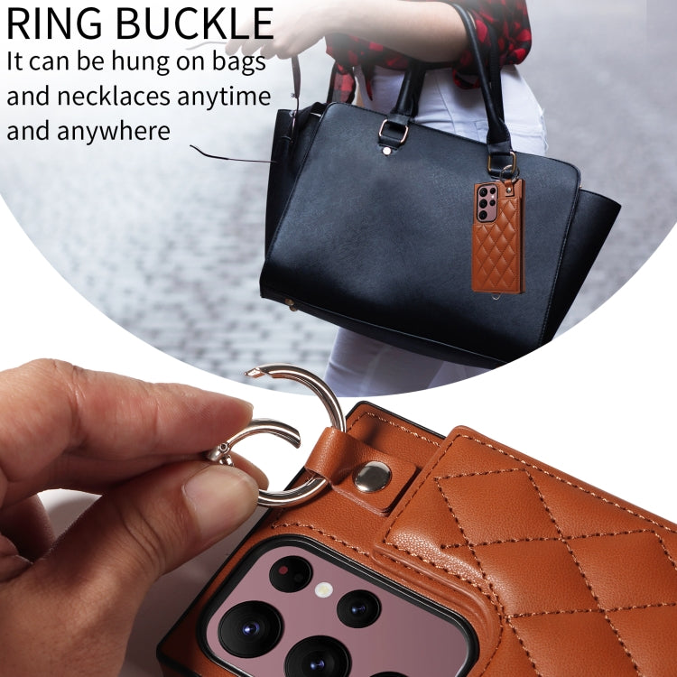 For Samsung Galaxy S22 Ultra 5G Rhombic Texture Card Bag Phone Case with Short Lanyard