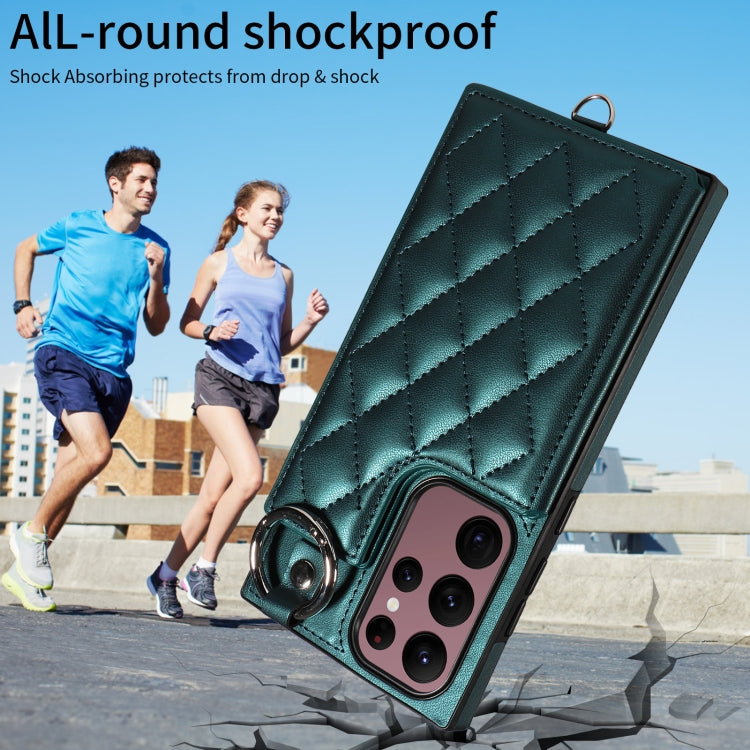 For Samsung Galaxy S22 Ultra 5G Rhombic Texture Card Bag Phone Case with Short Lanyard