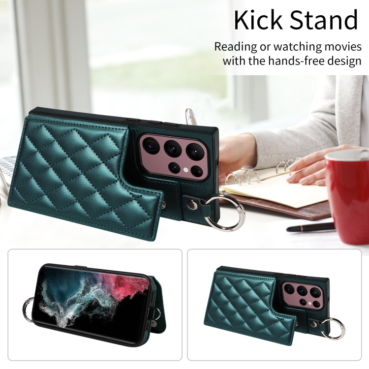 For Samsung Galaxy S22 Ultra 5G Rhombic Texture Card Bag Phone Case with Short Lanyard