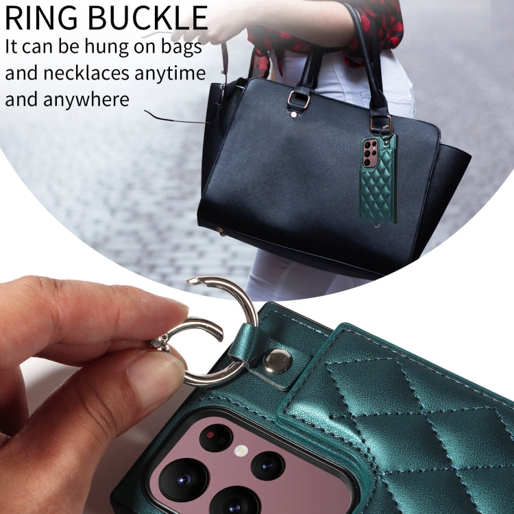 For Samsung Galaxy S22 Ultra 5G Rhombic Texture Card Bag Phone Case with Short Lanyard
