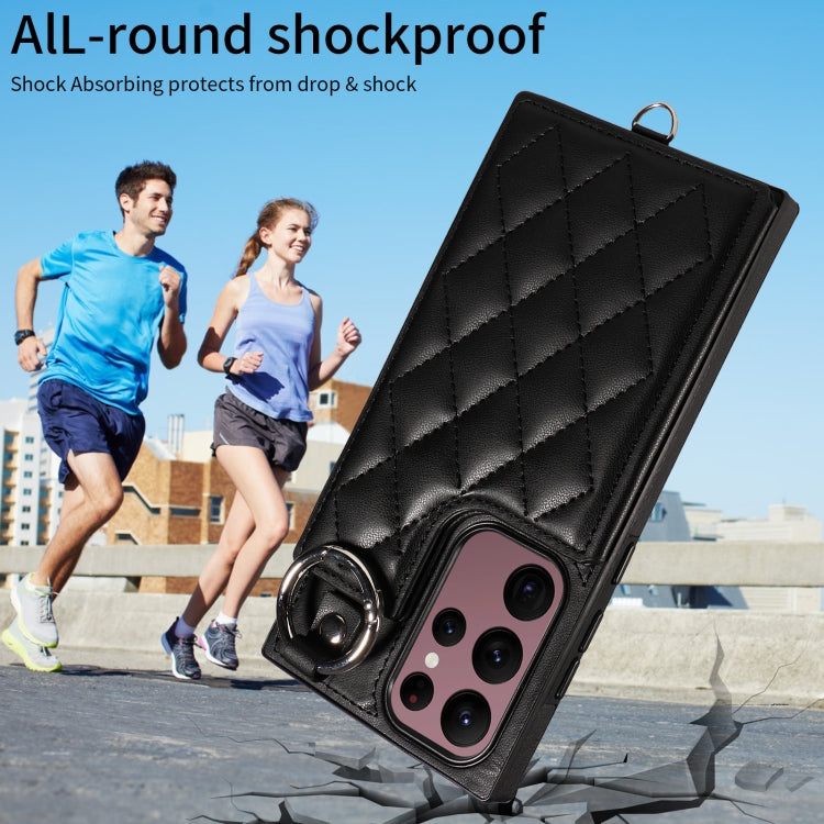 For Samsung Galaxy S22 Ultra 5G Rhombic Texture Card Bag Phone Case with Short Lanyard