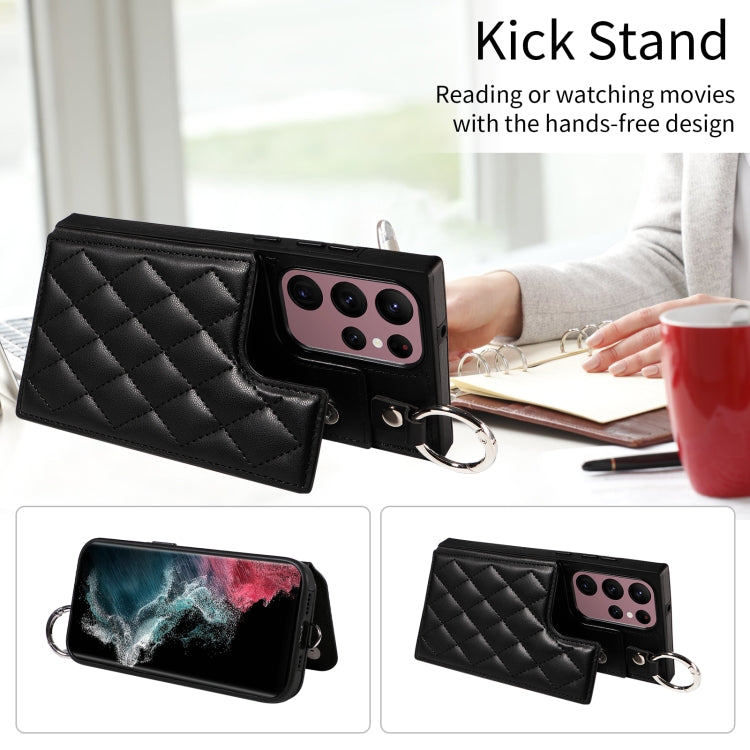 For Samsung Galaxy S22 Ultra 5G Rhombic Texture Card Bag Phone Case with Short Lanyard