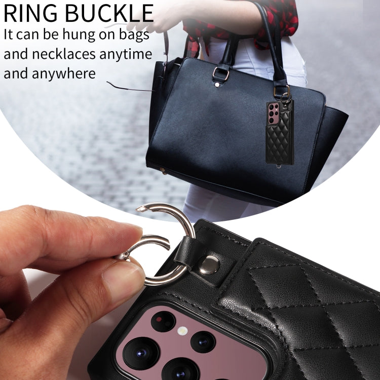 For Samsung Galaxy S22 Ultra 5G Rhombic Texture Card Bag Phone Case with Short Lanyard