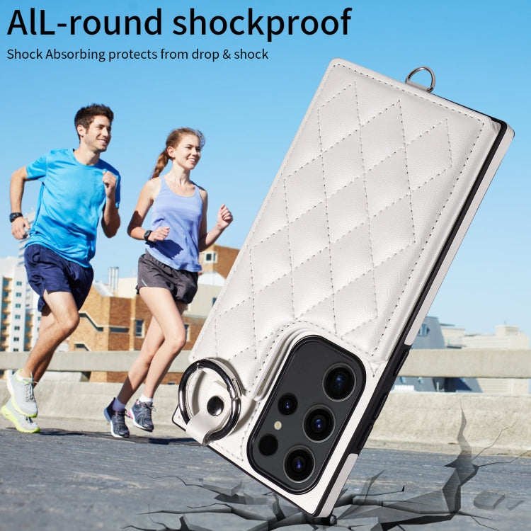 Samsung Galaxy S23 Ultra 5G Rhombic Texture Card Bag Phone Case with Short Lanyard