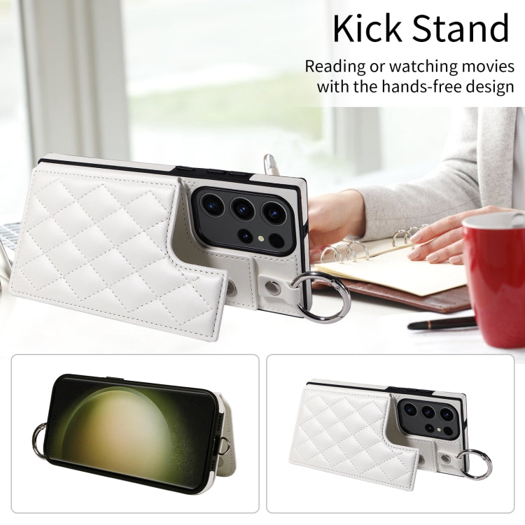 Samsung Galaxy S23 Ultra 5G Rhombic Texture Card Bag Phone Case with Short Lanyard