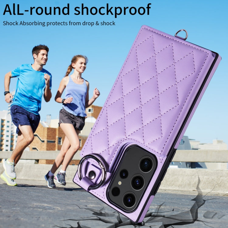 Samsung Galaxy S23 Ultra 5G Rhombic Texture Card Bag Phone Case with Short Lanyard