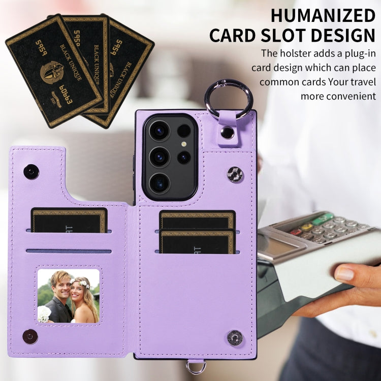 Samsung Galaxy S23 Ultra 5G Rhombic Texture Card Bag Phone Case with Short Lanyard