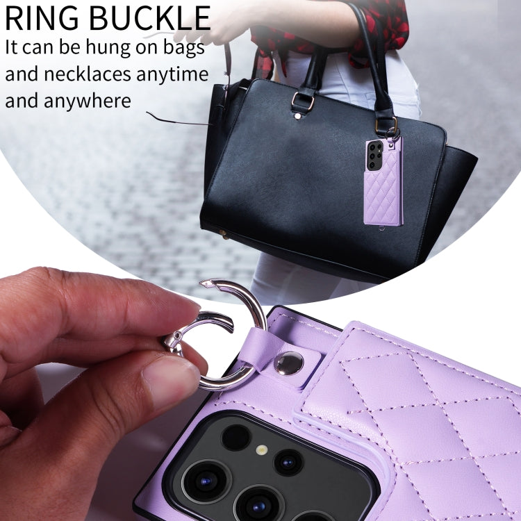 Samsung Galaxy S23 Ultra 5G Rhombic Texture Card Bag Phone Case with Short Lanyard