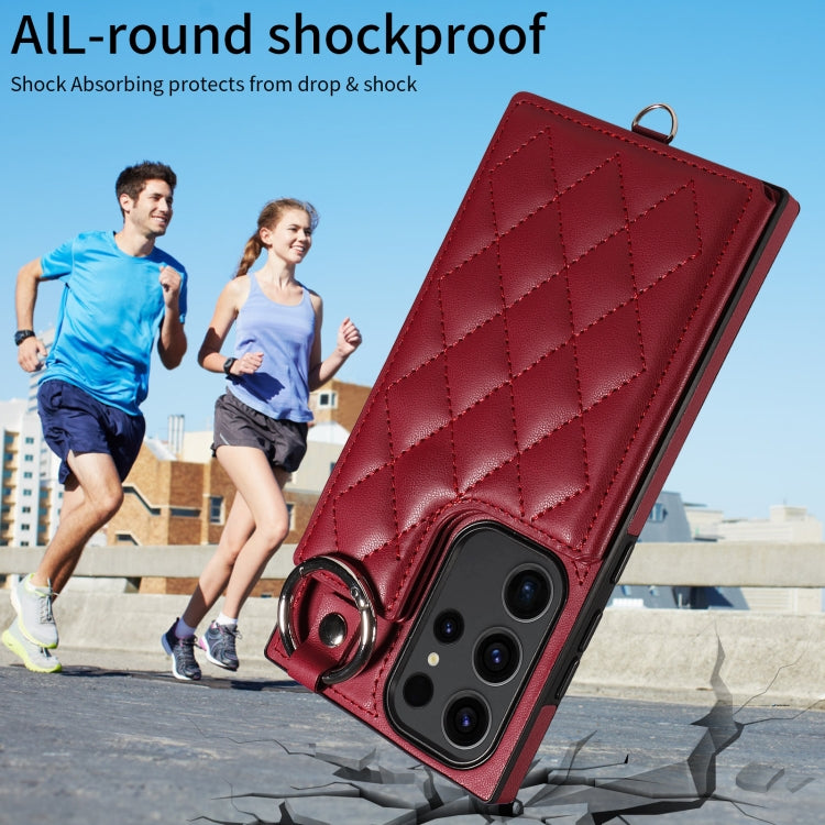 Samsung Galaxy S23 Ultra 5G Rhombic Texture Card Bag Phone Case with Short Lanyard