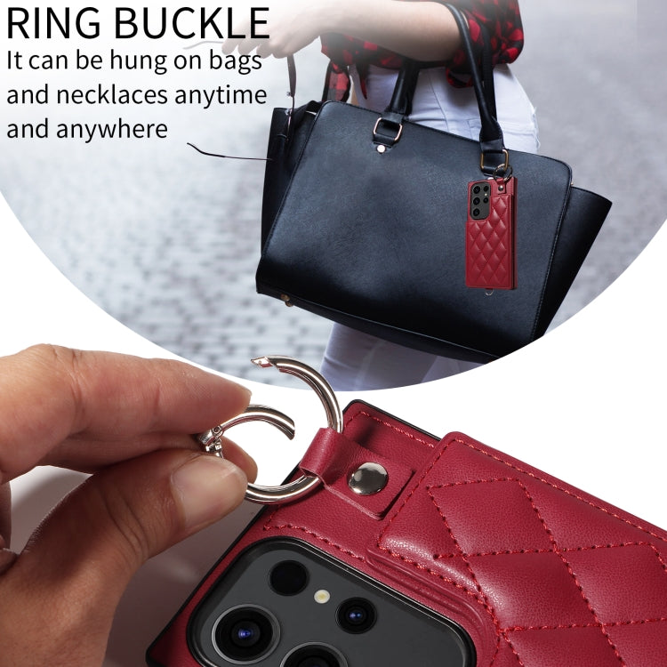 Samsung Galaxy S23 Ultra 5G Rhombic Texture Card Bag Phone Case with Short Lanyard