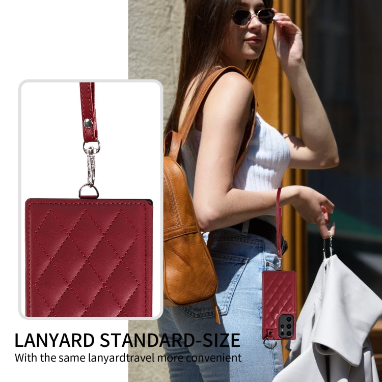 Samsung Galaxy S23 Ultra 5G Rhombic Texture Card Bag Phone Case with Short Lanyard
