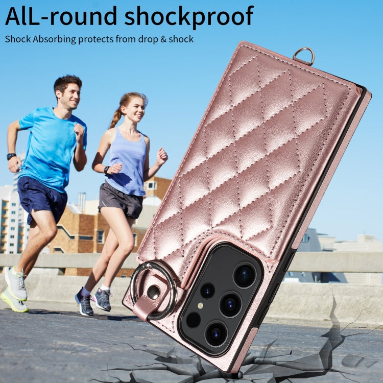 Samsung Galaxy S23 Ultra 5G Rhombic Texture Card Bag Phone Case with Short Lanyard
