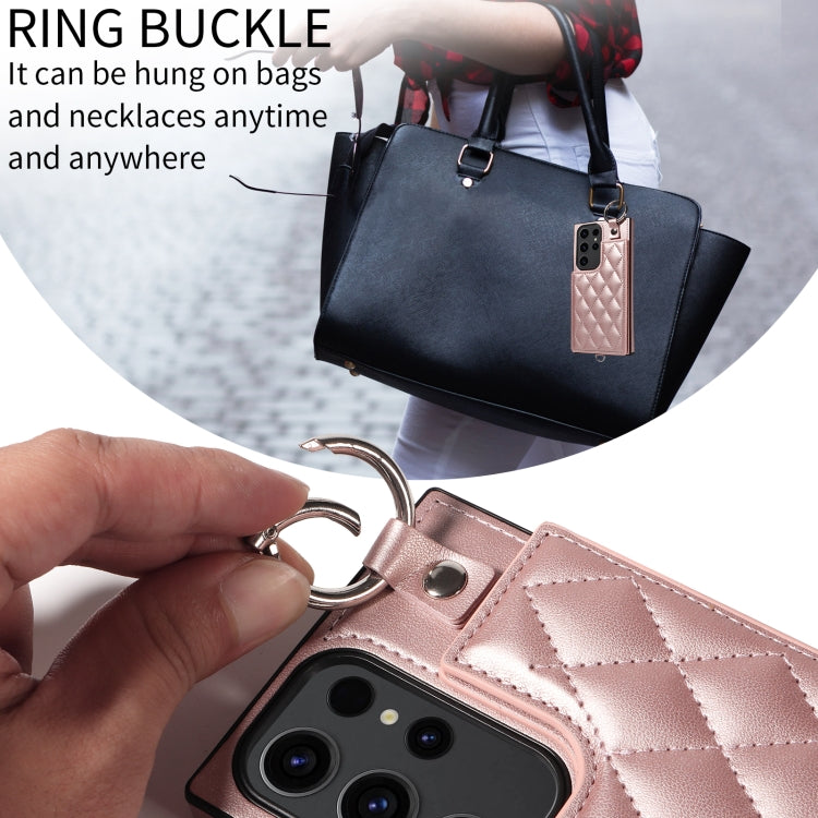 Samsung Galaxy S23 Ultra 5G Rhombic Texture Card Bag Phone Case with Short Lanyard