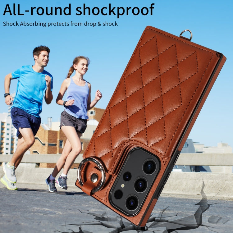 Samsung Galaxy S23 Ultra 5G Rhombic Texture Card Bag Phone Case with Short Lanyard