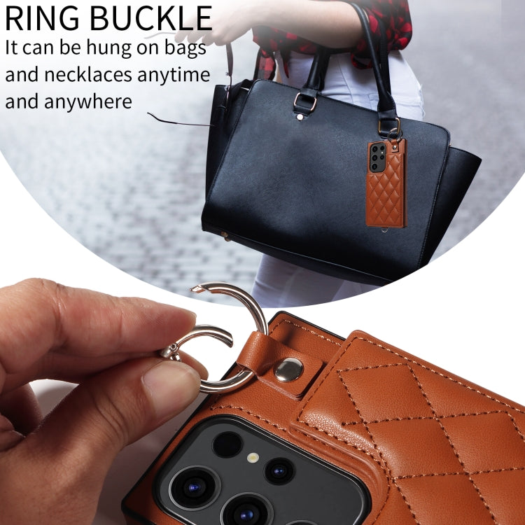 Samsung Galaxy S23 Ultra 5G Rhombic Texture Card Bag Phone Case with Short Lanyard