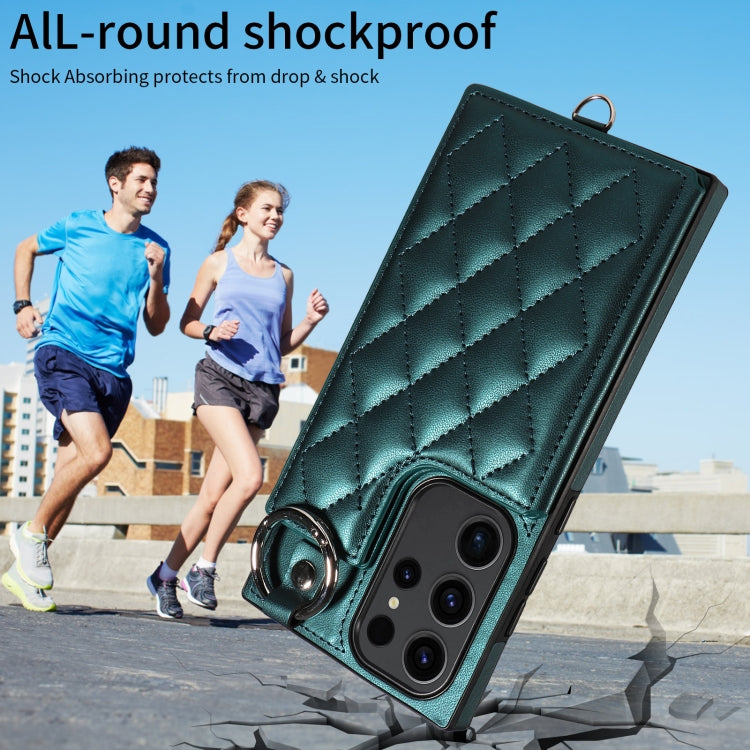 Samsung Galaxy S23 Ultra 5G Rhombic Texture Card Bag Phone Case with Short Lanyard