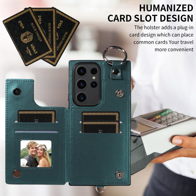 Samsung Galaxy S23 Ultra 5G Rhombic Texture Card Bag Phone Case with Short Lanyard